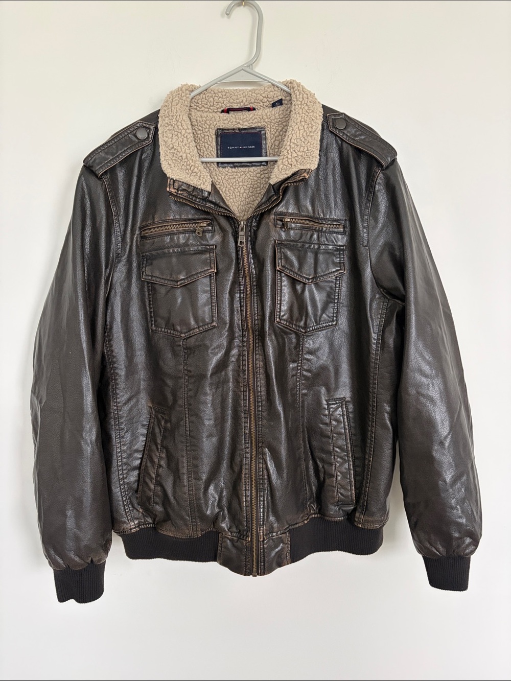 Tommy Hilfiger Men's Dark Brown Faux-Leather Bomber Jacket with Sherpa lining